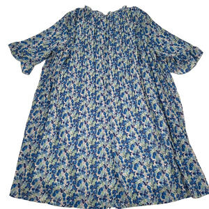 Melloday Mini Shift Dress 3/4 Sleeve Size Large Blue Floral Pleated Ruffle Neck